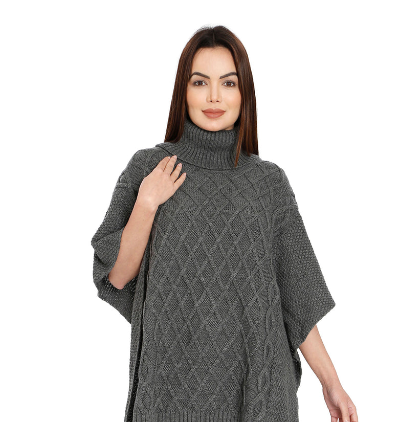 POMME Acrylic Knitted  Med Grey Melange Poncho for Women