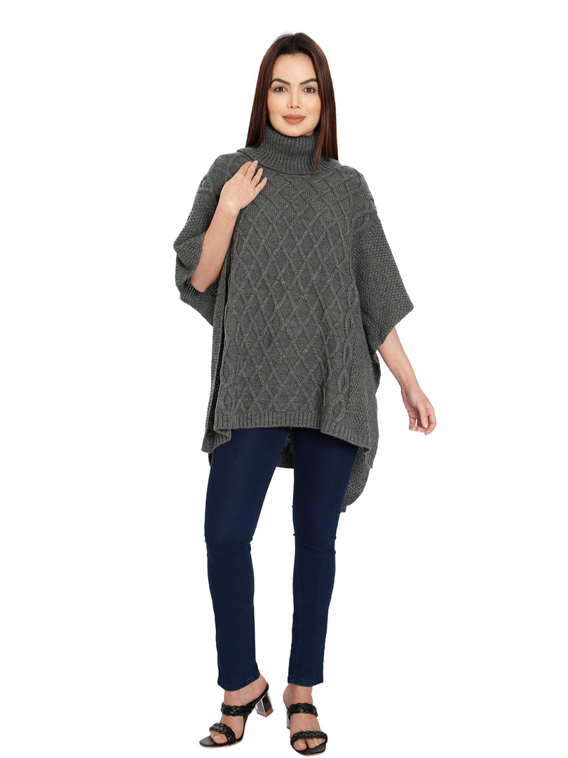 POMME Acrylic Knitted  Med Grey Melange Poncho for Women