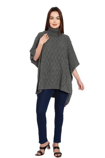 POMME Acrylic Knitted  Med Grey Melange Poncho for Women