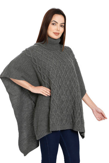 POMME Acrylic Knitted  Med Grey Melange Poncho for Women