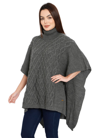 POMME Acrylic Knitted  Med Grey Melange Poncho for Women