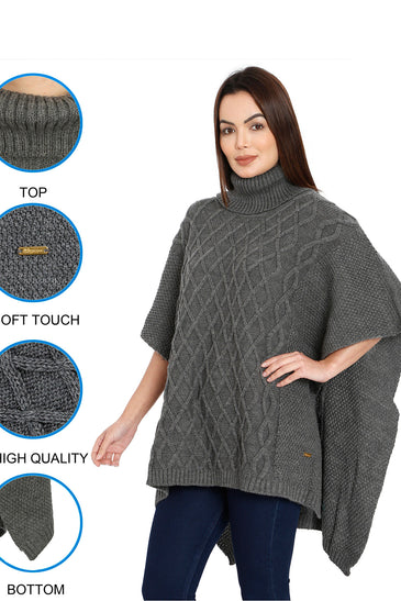 POMME Acrylic Knitted  Med Grey Melange Poncho for Women
