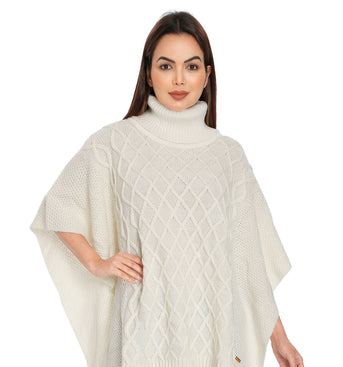 POMME Acrylic Knitted Ivory Poncho for Women