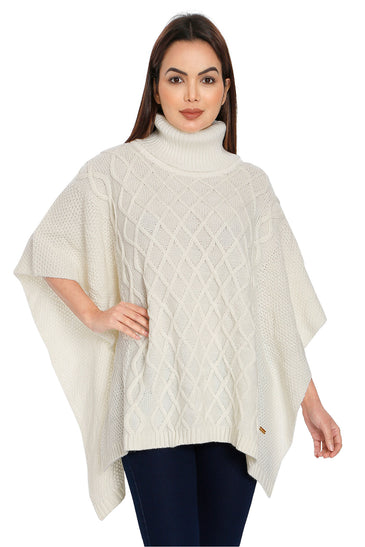 POMME Acrylic Knitted Ivory Poncho for Women
