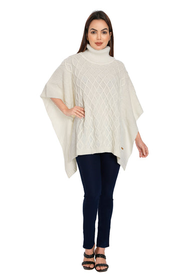 POMME Acrylic Knitted Ivory Poncho for Women