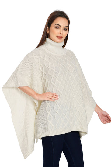 POMME Acrylic Knitted Ivory Poncho for Women