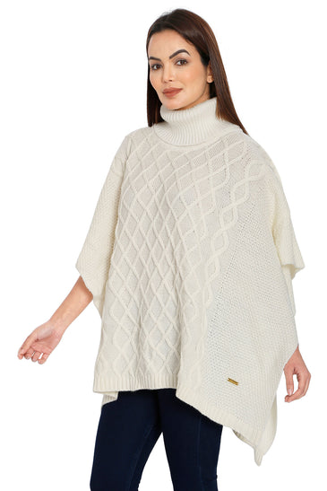 POMME Acrylic Knitted Ivory Poncho for Women
