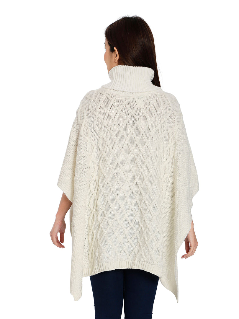 POMME Acrylic Knitted Ivory Poncho for Women