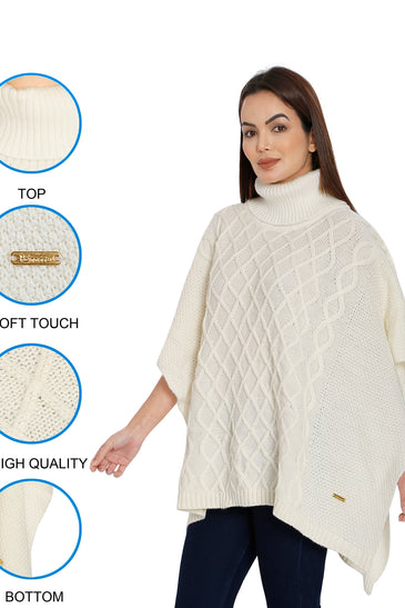 POMME Acrylic Knitted Ivory Poncho for Women