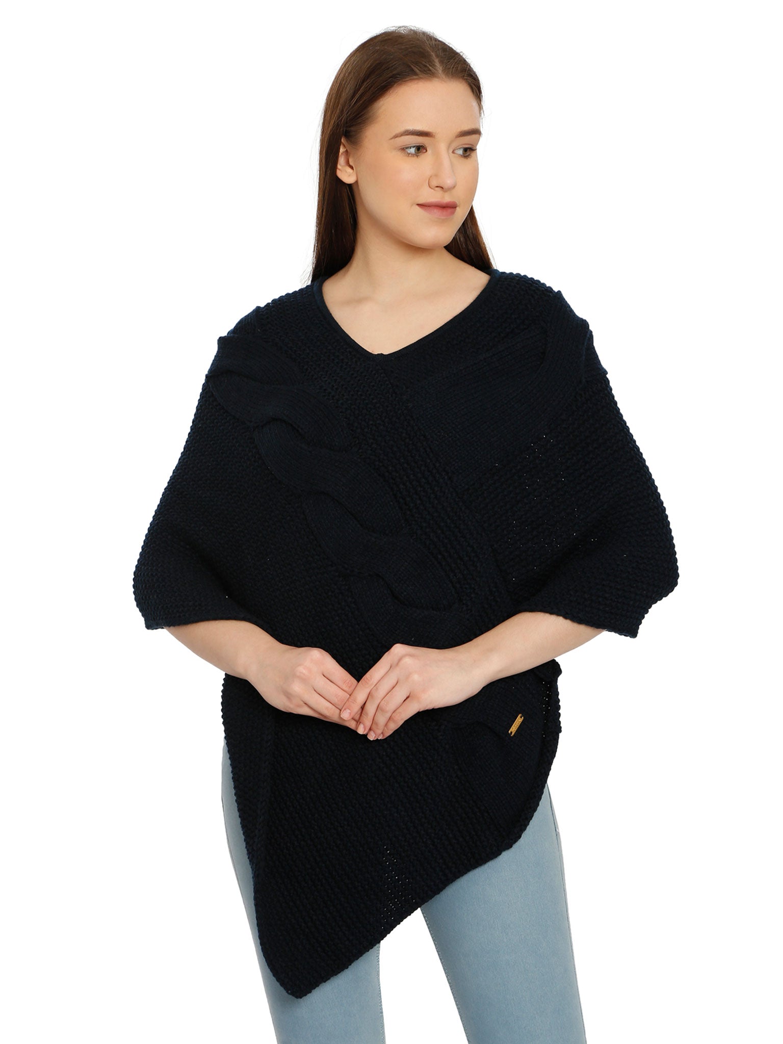 POMME Merino Wool Knitted Dark Grey (Cable knit) Poncho for Women