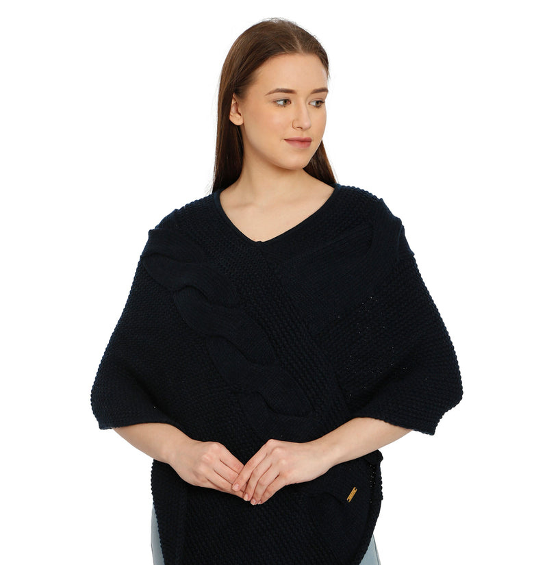 POMME Merino Wool Knitted Dark Grey (Cable knit) Poncho for Women