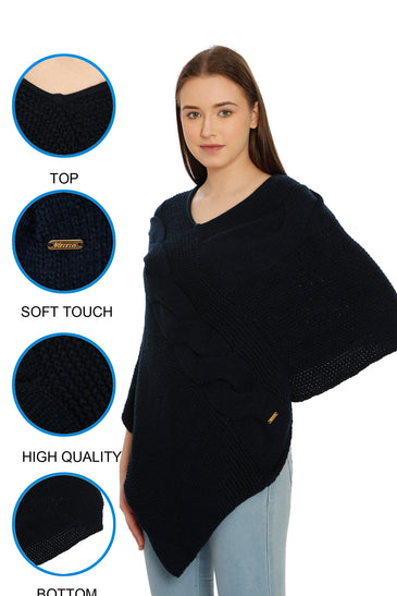 POMME Merino Wool Knitted Dark Grey (Cable knit) Poncho for Women