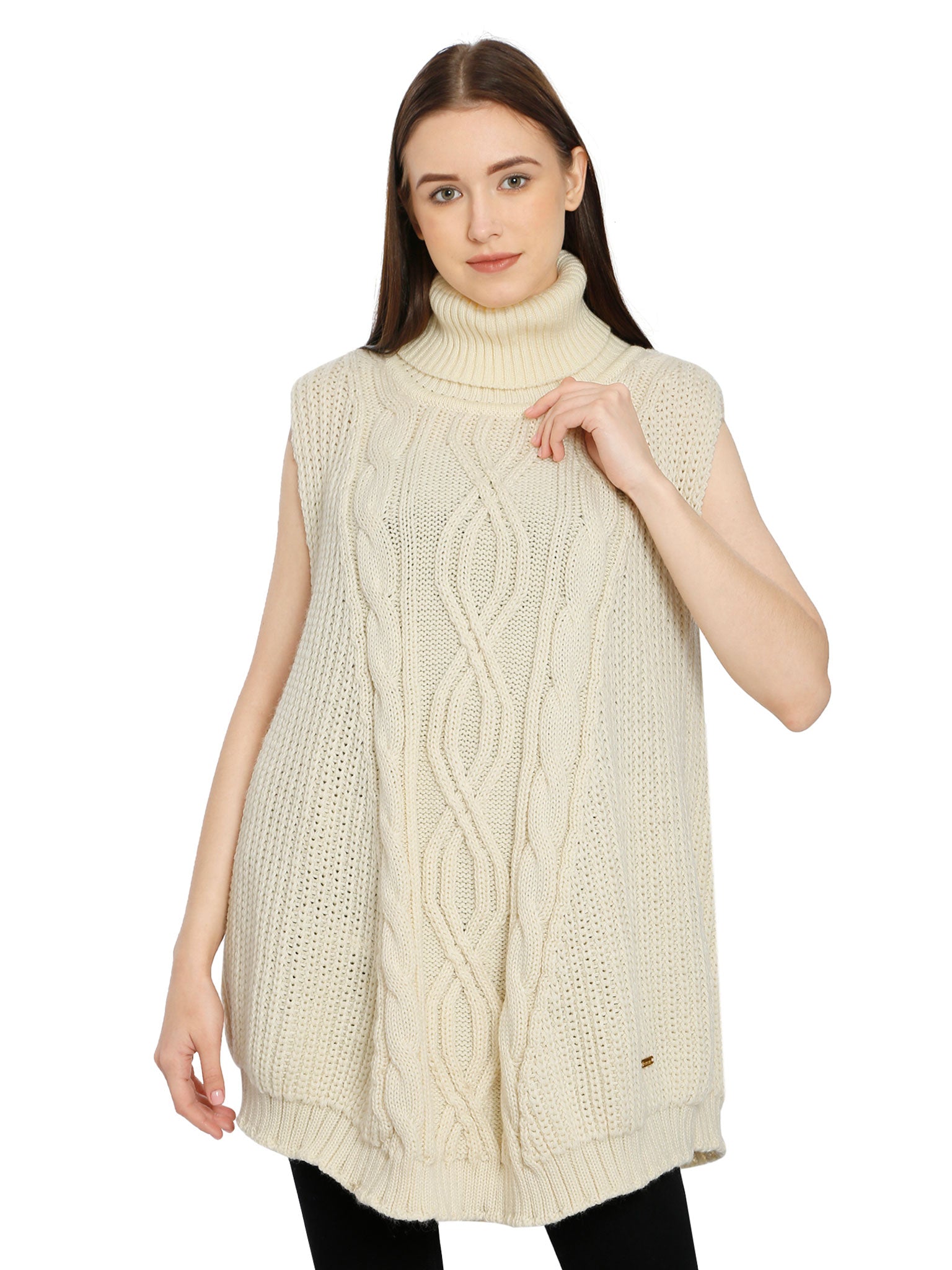 POMME Acrylic Knitted Ivory Poncho for Women