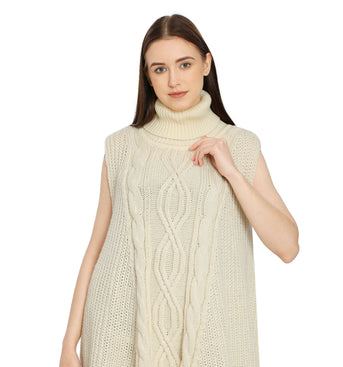 POMME Acrylic Knitted Ivory Poncho for Women