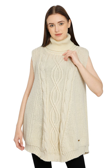 POMME Acrylic Knitted Ivory Poncho for Women