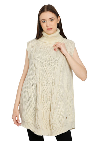 POMME Acrylic Knitted Ivory Poncho for Women