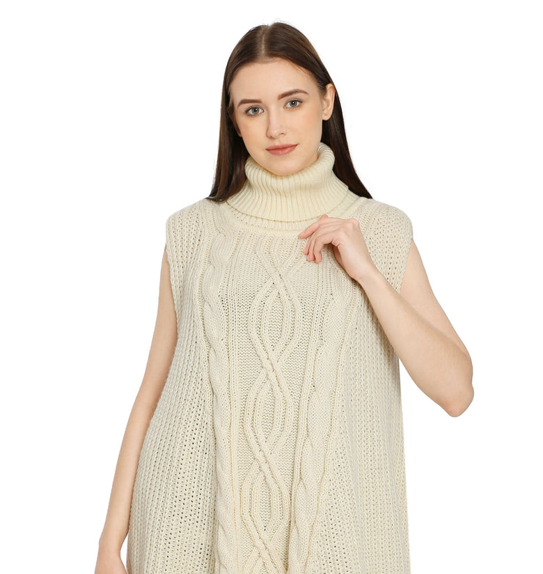 POMME Acrylic Knitted Ivory Poncho for Women