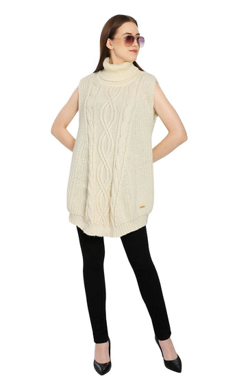 POMME Acrylic Knitted Ivory Poncho for Women