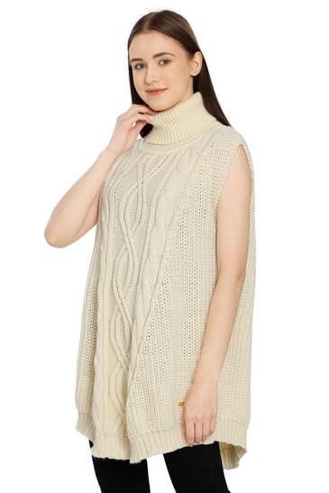 POMME Acrylic Knitted Ivory Poncho for Women