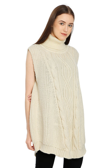 POMME Acrylic Knitted Ivory Poncho for Women