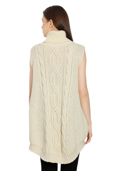 POMME Acrylic Knitted Ivory Poncho for Women