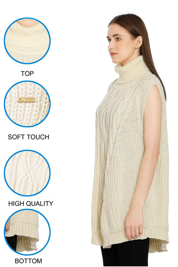 POMME Acrylic Knitted Ivory Poncho for Women