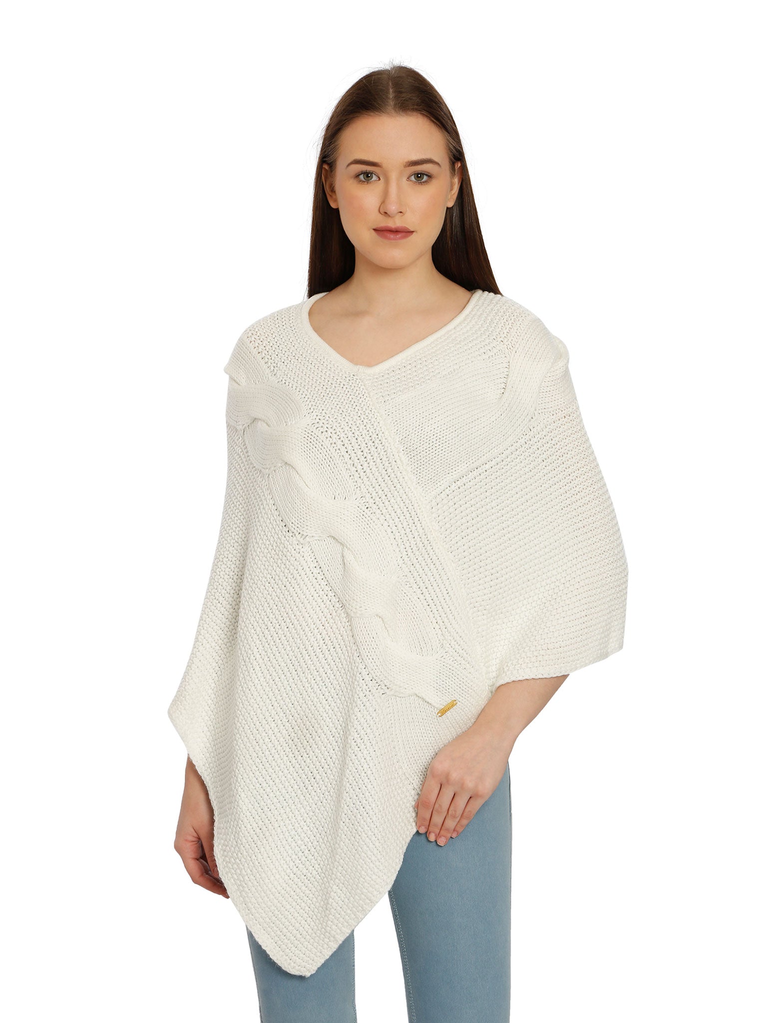 POMME Acrylic Knitted Optical White (Cable knit) Poncho for Women