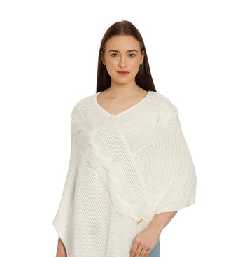 POMME Acrylic Knitted Optical White (Cable knit) Poncho for Women