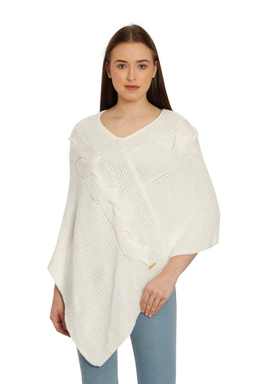 POMME Acrylic Knitted Optical White (Cable knit) Poncho for Women