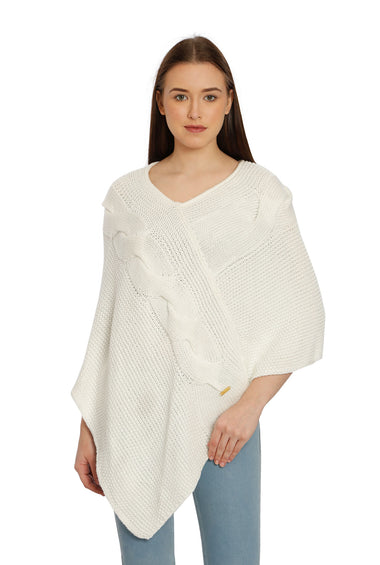 POMME Acrylic Knitted Optical White (Cable knit) Poncho for Women