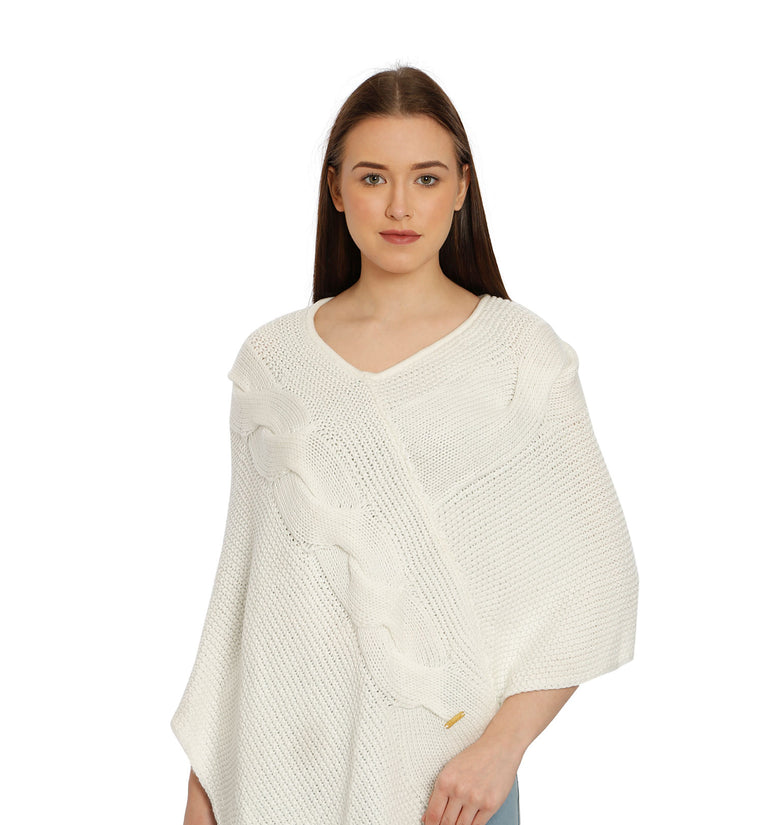 POMME Acrylic Knitted Optical White (Cable knit) Poncho for Women