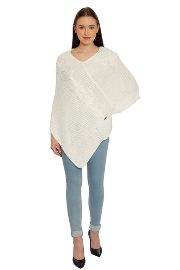 POMME Acrylic Knitted Optical White (Cable knit) Poncho for Women
