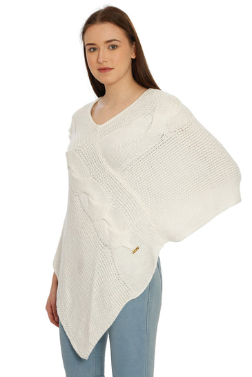 POMME Acrylic Knitted Optical White (Cable knit) Poncho for Women