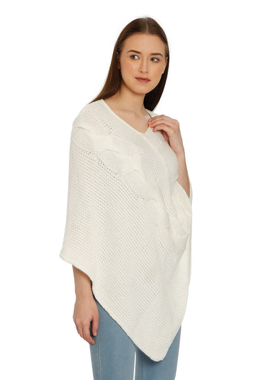 POMME Acrylic Knitted Optical White (Cable knit) Poncho for Women