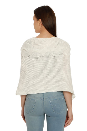 POMME Acrylic Knitted Optical White (Cable knit) Poncho for Women
