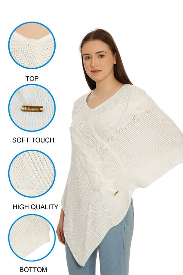 POMME Acrylic Knitted Optical White (Cable knit) Poncho for Women