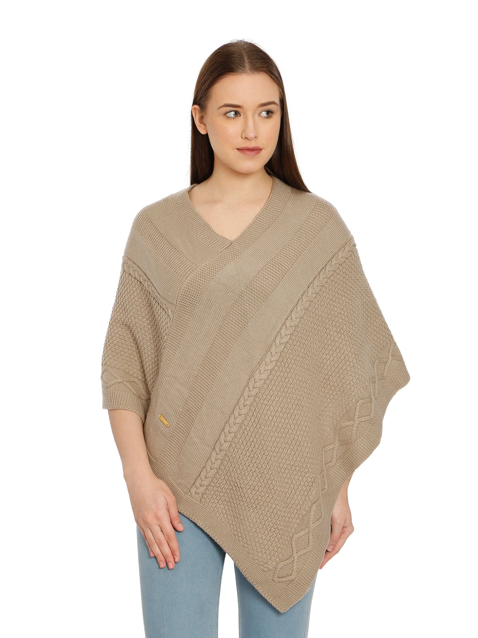 POMME Acrylic Knitted (Bleached Sand) poncho for Women