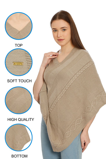 POMME Acrylic Knitted (Bleached Sand) poncho for Women