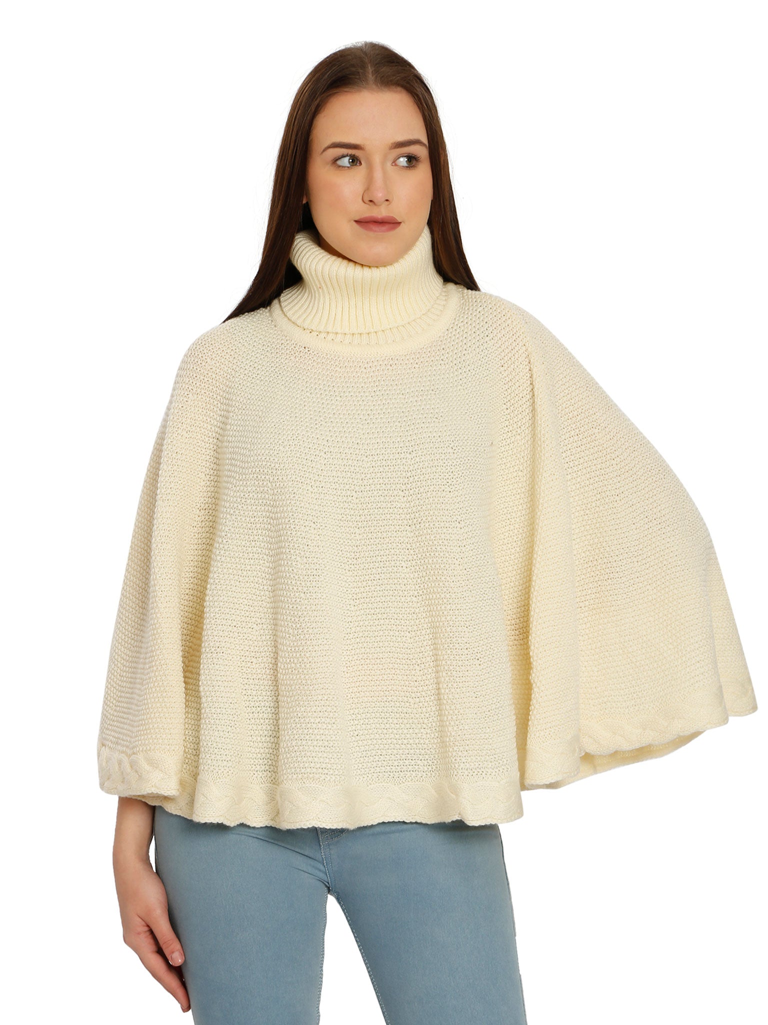 POMME Acrylic Knitted Off White (Cable knit) Poncho for Women