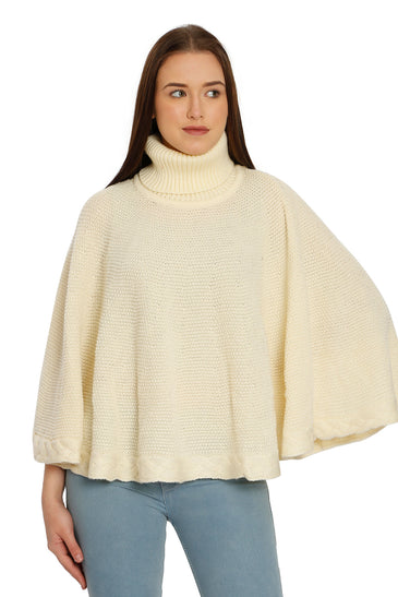 POMME Acrylic Knitted Off White (Cable knit) Poncho for Women