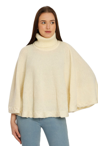POMME Acrylic Knitted Off White (Cable knit) Poncho for Women