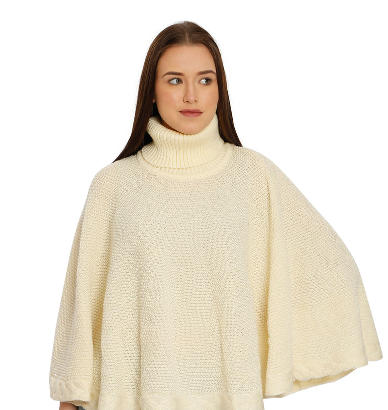 POMME Acrylic Knitted Off White (Cable knit) Poncho for Women