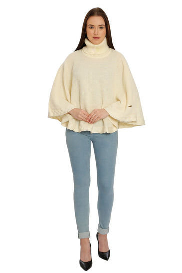 POMME Acrylic Knitted Off White (Cable knit) Poncho for Women