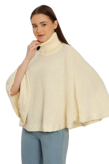 POMME Acrylic Knitted Off White (Cable knit) Poncho for Women