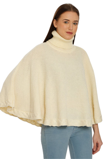POMME Acrylic Knitted Off White (Cable knit) Poncho for Women
