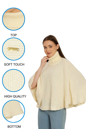 POMME Acrylic Knitted Off White (Cable knit) Poncho for Women