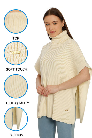 POMME Acrylic Knitted Off White Poncho for Women