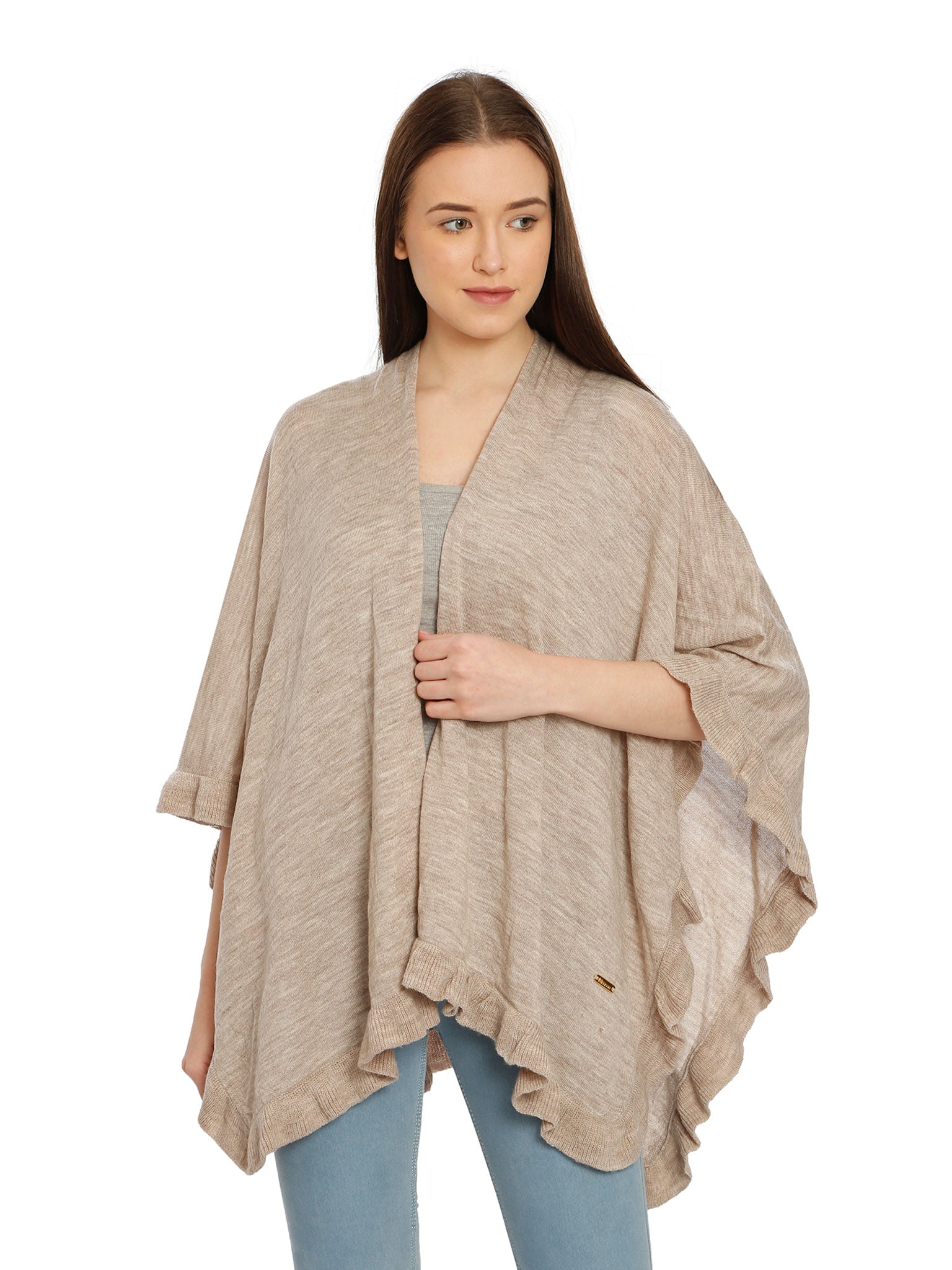 POMME Acrylic Knitted (Pale Whisper) Poncho for Women