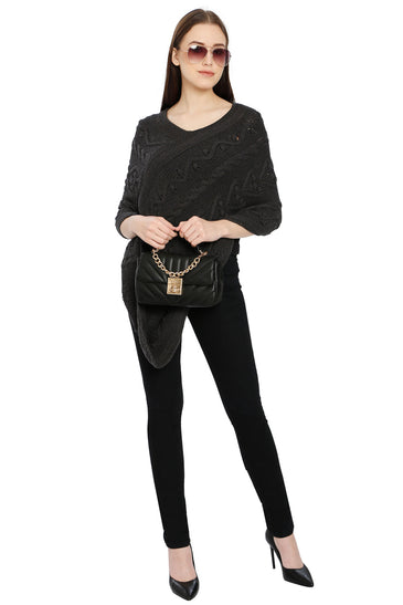POMME Cotton Knitted Black Poncho for Women
