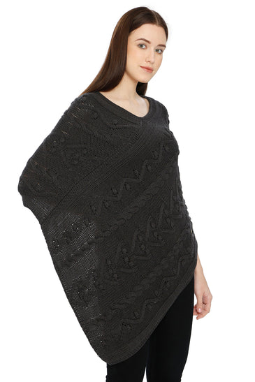 POMME Cotton Knitted Black Poncho for Women